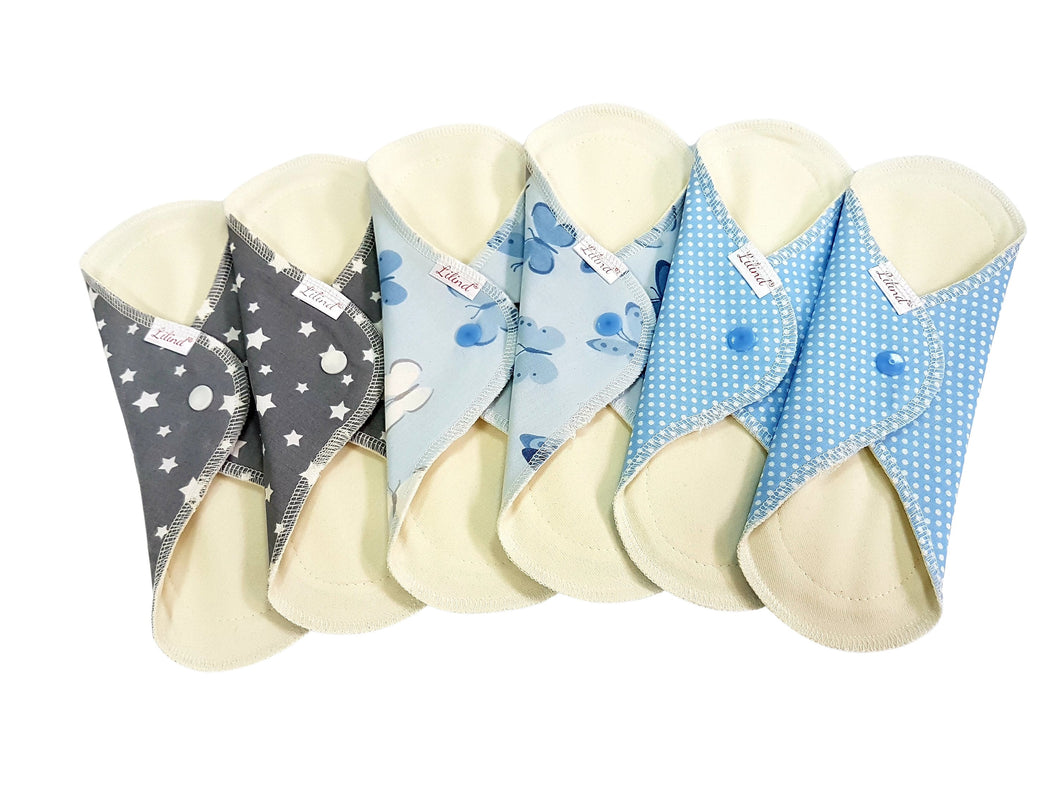 Lilind® 6 Pack Everyday Organic Cloth Pads, Reusable Menstrual Sanitary Napkins, 100% Cotton